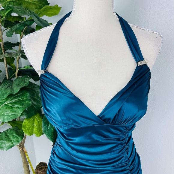 LOVE TEASE BLUE TEAL BLING SCRUNCH MINI BODY CON HALTER TOP DRESS - Picture 2 of 6